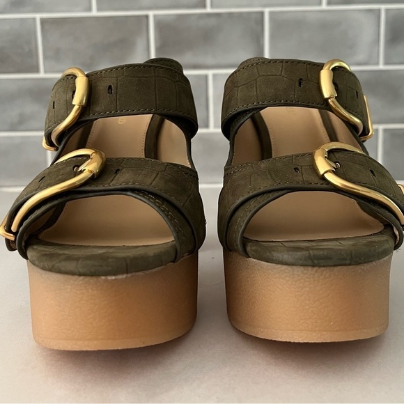 VERONICA BEARD GARRICK CROCO DUAL BUCKLE PLATFORM SANDALS IN KHAKI Size 6 New - Picture 3 of 13